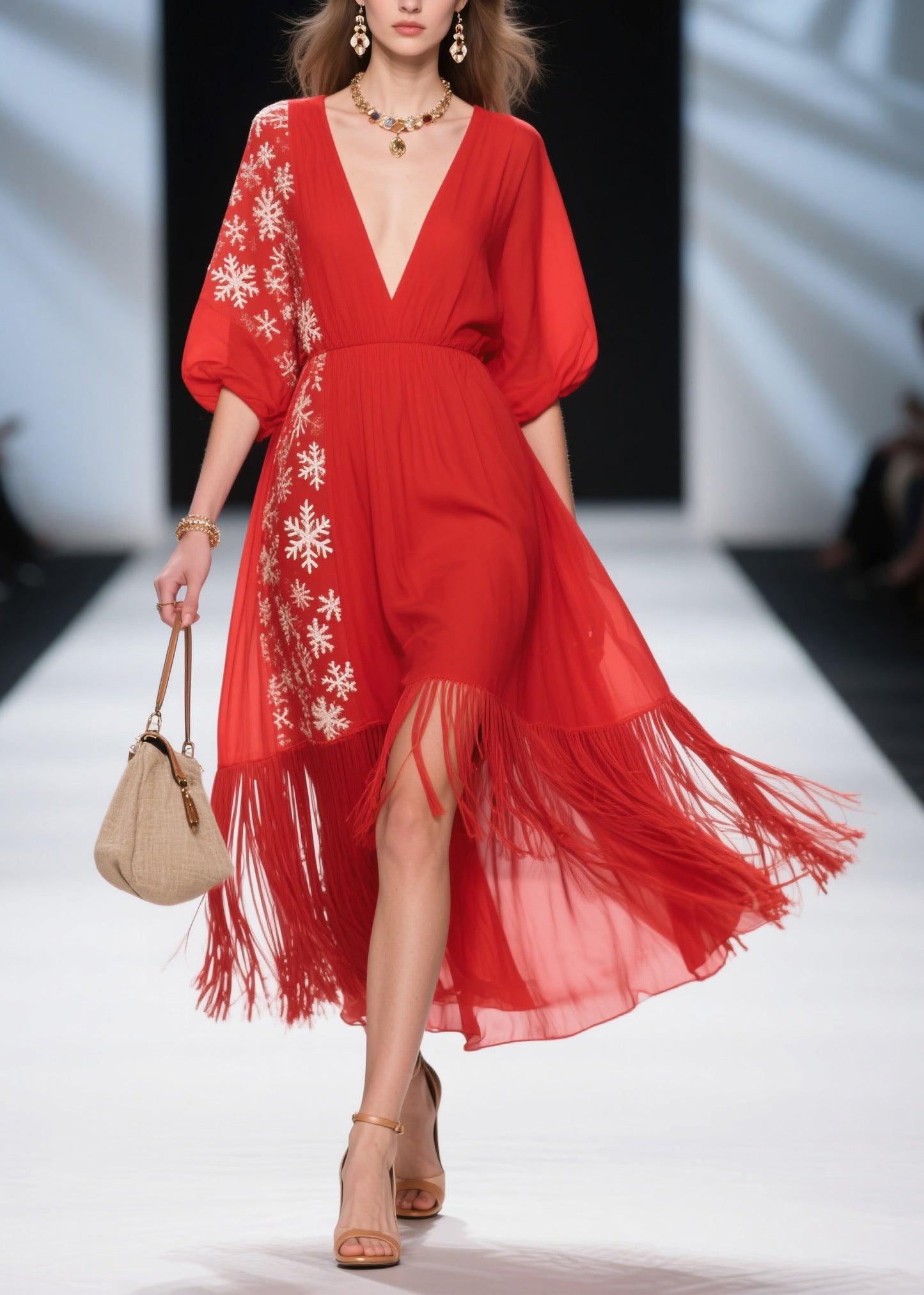 Loose Red Print Tassel Patchwork Cotton Dress Summer