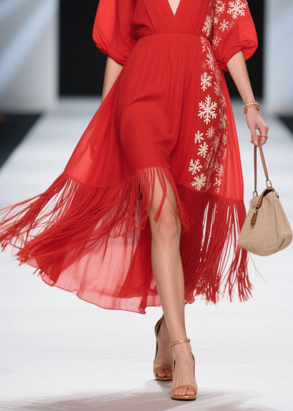 Loose Red Print Tassel Patchwork Cotton Dress Summer