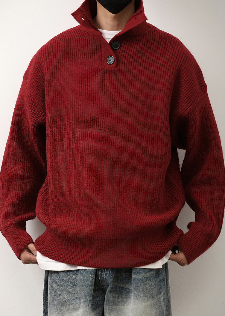 Loose Red Stand Collar Button Knit Mens Sweaters Spring