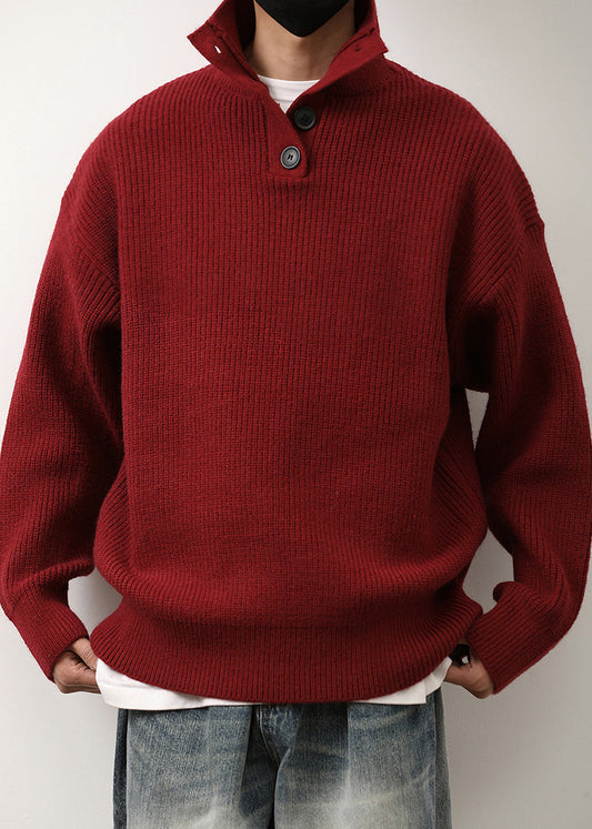 Loose Red Stand Collar Button Knit Mens Sweaters Spring