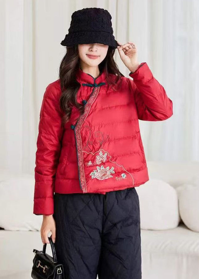 Loose Red Stand Collar Chinese Button Duck Down Filled Down Coat