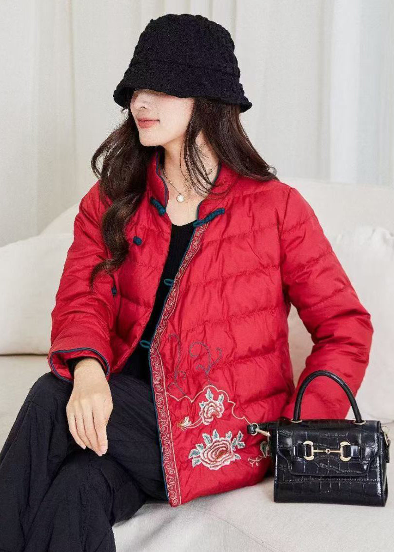 Loose Red Stand Collar Chinese Button Duck Down Filled Down Coat