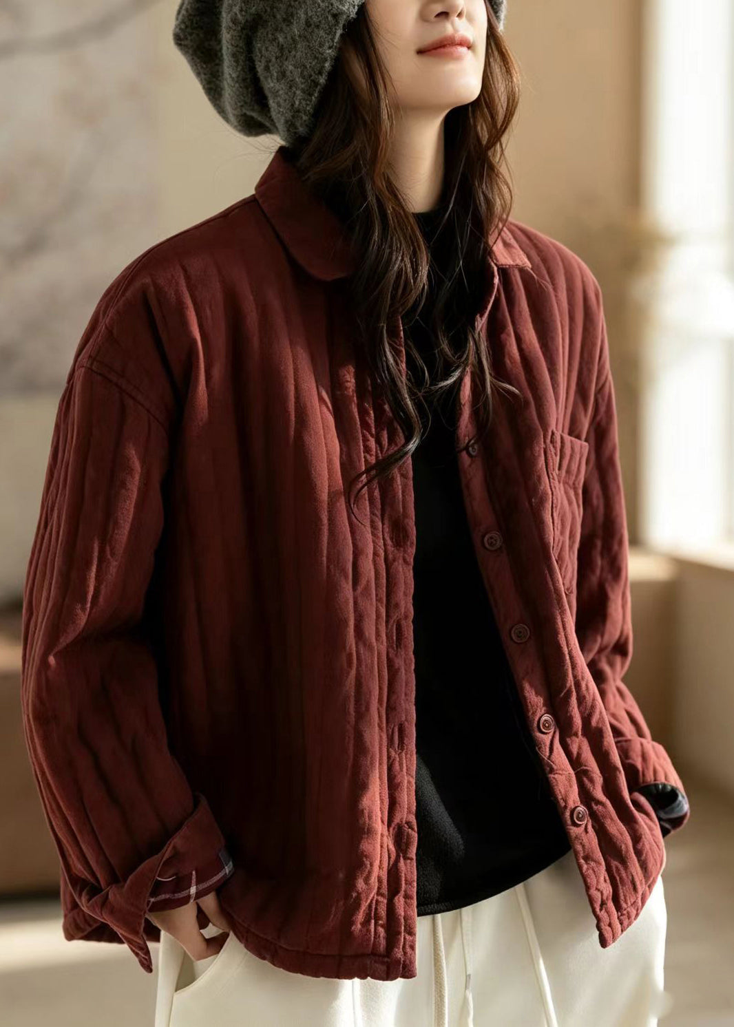 Loose Red Turn-Down Collar Quilted Cotton Filled Jacket Winter