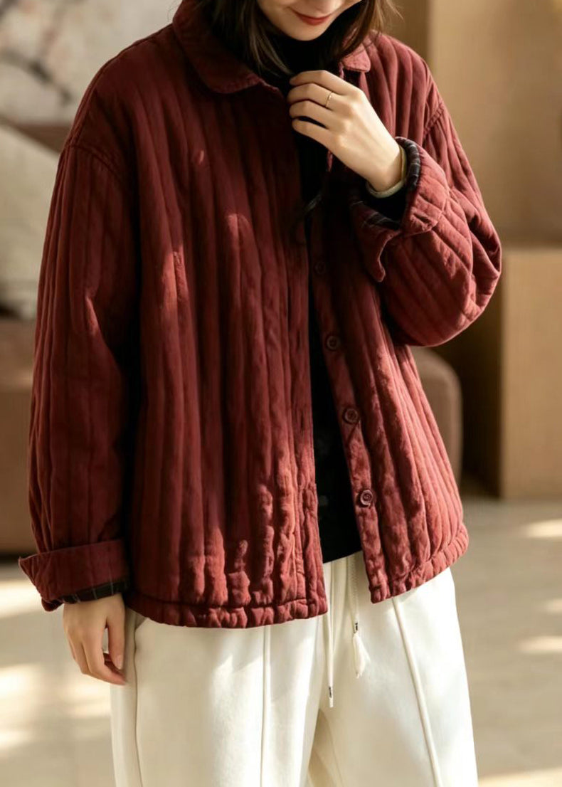Loose Red Turn-Down Collar Quilted Cotton Filled Jacket Winter