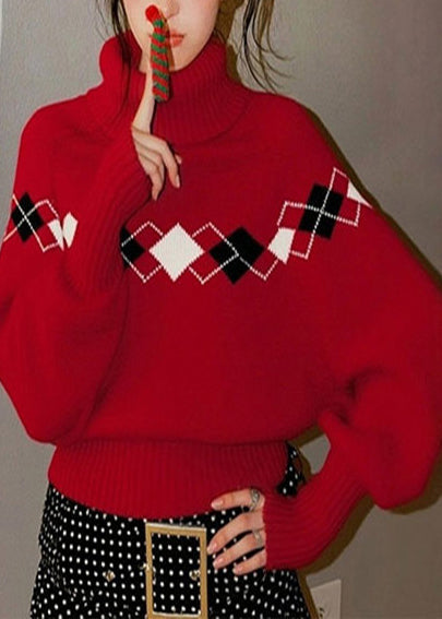 Loose Red Turtle Neck Print Knit Sweater Tops Winter