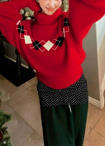 Loose Red Turtle Neck Print Knit Sweater Tops Winter