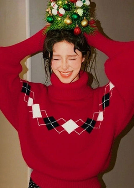 Loose Red Turtle Neck Print Knit Sweater Tops Winter