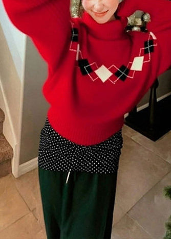 Loose Red Turtle Neck Print Knit Sweater Tops Winter