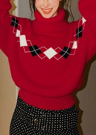 Loose Red Turtle Neck Print Knit Sweater Tops Winter