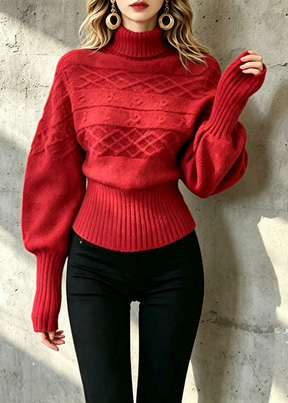 Loose Red Turtleneck Knit Sweater Long Sleeve