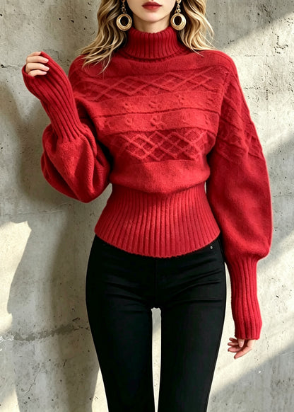 Loose Red Turtleneck Knit Sweater Long Sleeve