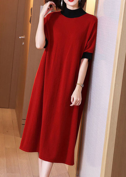 Loose Red Turtleneck Patchwork Cotton Knit Dress Short Sleeve
