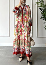 Load image into Gallery viewer, Loose Red V Neck Button Print Cotton Long Dress Long Sleeve