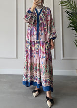 Load image into Gallery viewer, Loose Red V Neck Button Print Cotton Long Dress Long Sleeve
