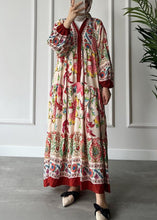 Load image into Gallery viewer, Loose Red V Neck Button Print Cotton Long Dress Long Sleeve