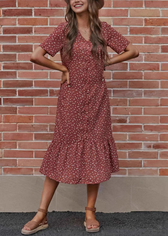 Loose Red V Neck Dot Cotton Long Dress Summer