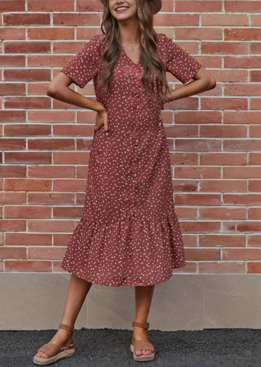 Loose Red V Neck Dot Cotton Long Dress Summer