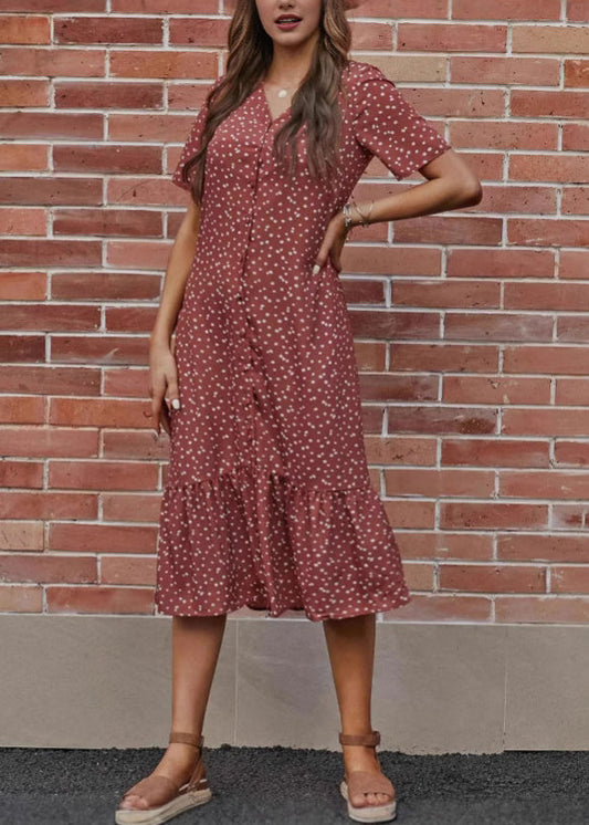 Loose Red V Neck Dot Cotton Long Dress Summer