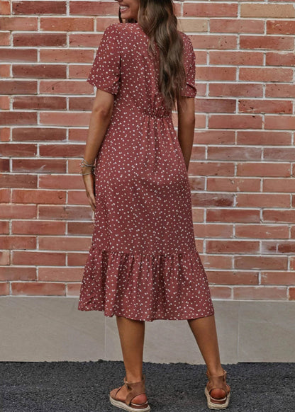 Loose Red V Neck Dot Cotton Long Dress Summer