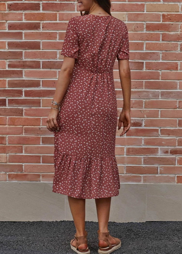 Loose Red V Neck Dot Cotton Long Dress Summer