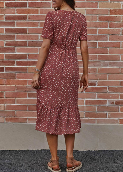 Loose Red V Neck Dot Cotton Long Dress Summer