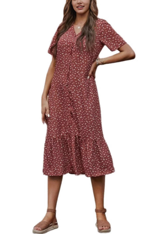 Loose Red V Neck Dot Cotton Long Dress Summer