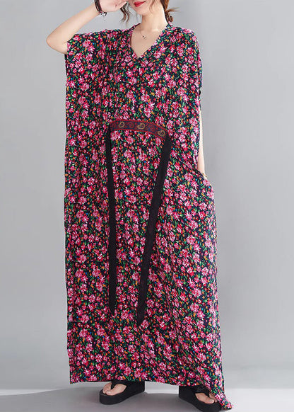 Loose Red V Neck Print Cotton Maxi Dresses Short Sleeve