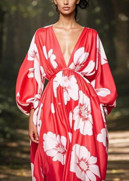 Loose Red V Neck Print Pockets Chiffon Maxi Dress Spring