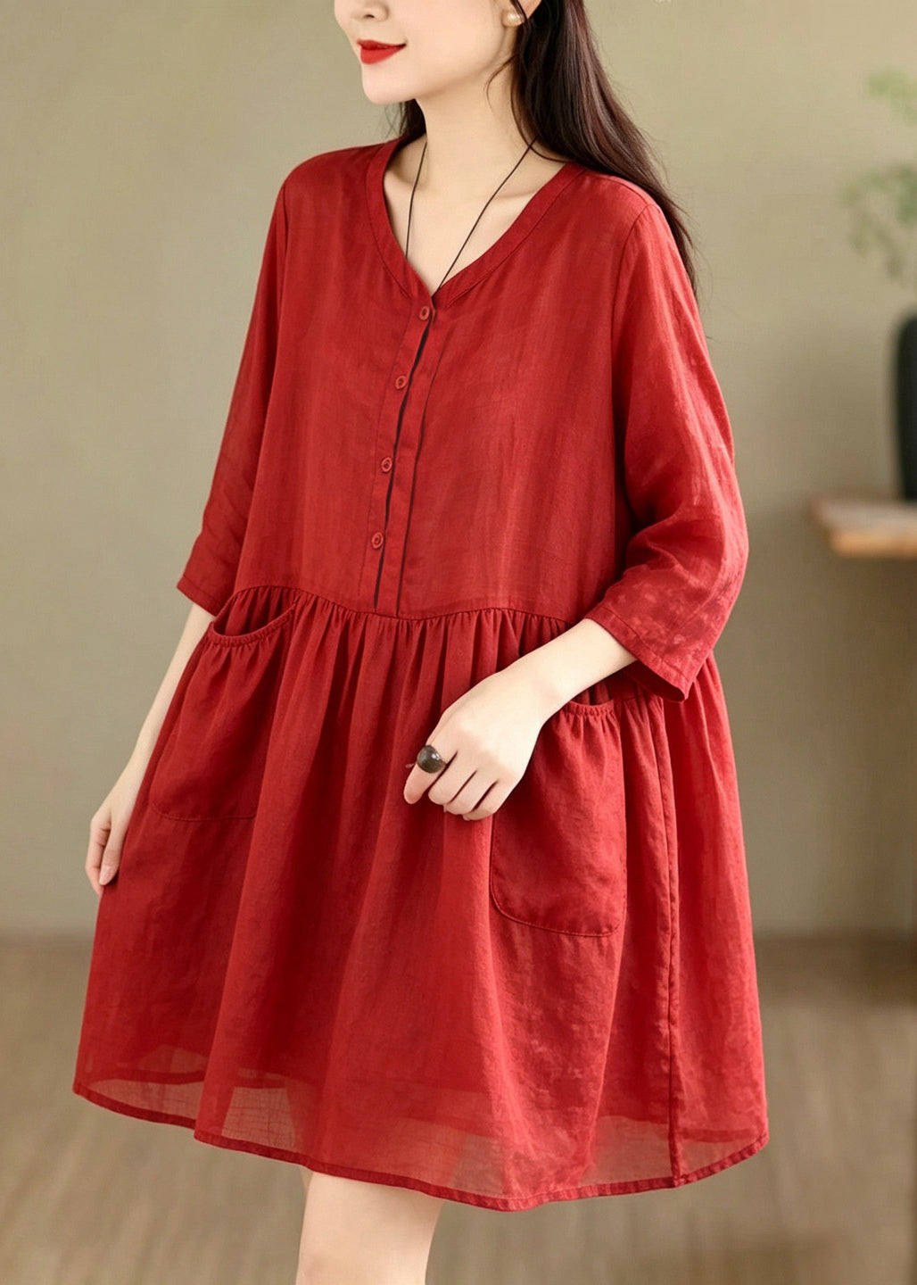 Loose Red V Neck Solid Mid Tea Dress Summer