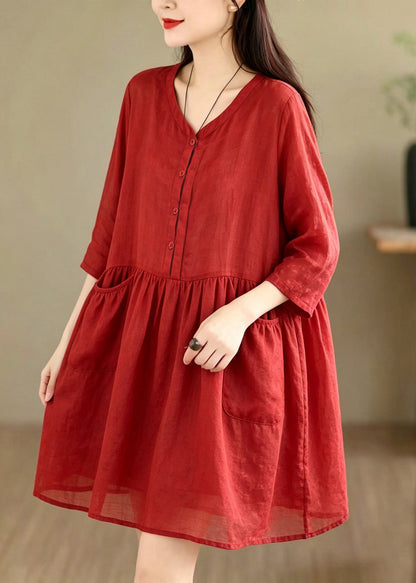 Loose Red V Neck Solid Mid Tea Dress Summer