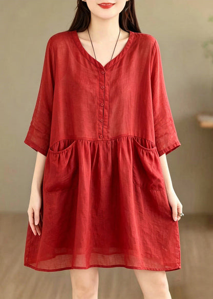 Loose Red V Neck Solid Mid Tea Dress Summer