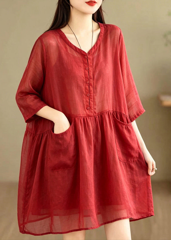 Loose Red V Neck Solid Mid Tea Dress Summer