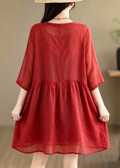 Loose Red V Neck Solid Mid Tea Dress Summer