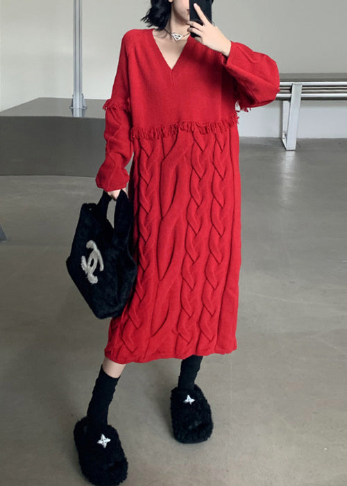 Loose Red V Neck Tasseled Cable Knit Sweater Dress Winter