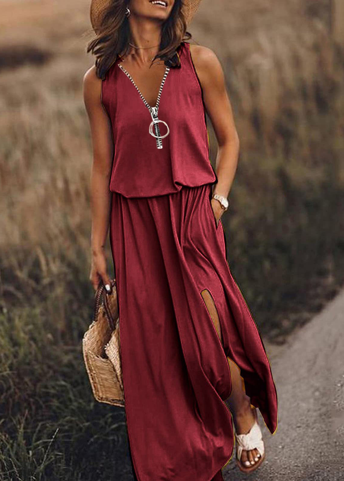 Loose Red Zip Up Patchwork Side Open Cotton Dress Sleeveless