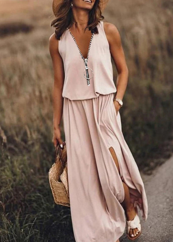 Loose Red Zip Up Patchwork Side Open Cotton Dress Sleeveless