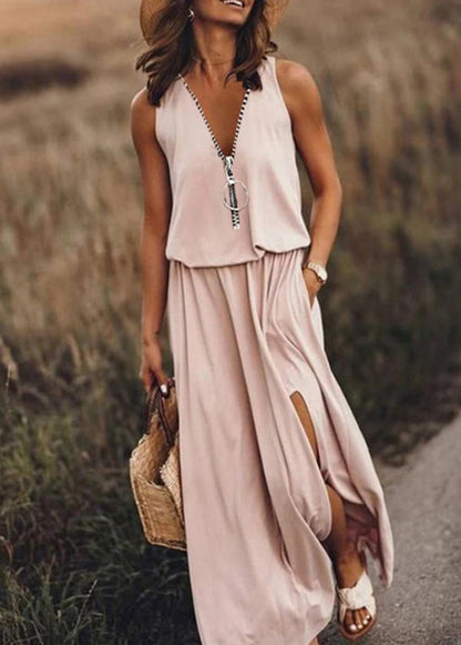 Loose Red Zip Up Patchwork Side Open Cotton Dress Sleeveless