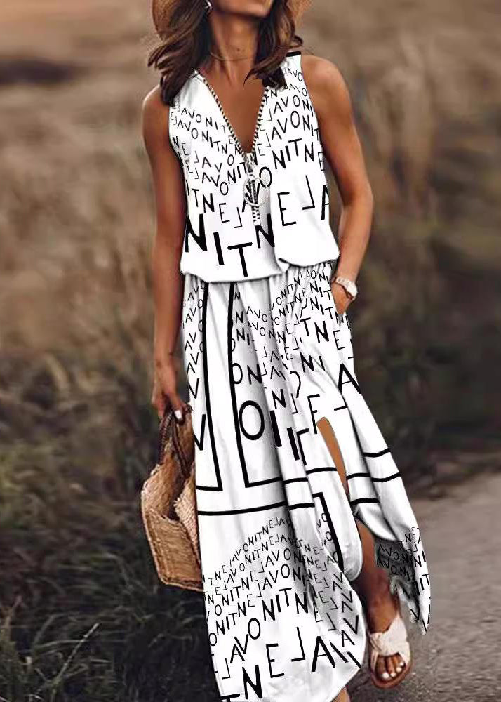 Loose Red Zip Up Patchwork Side Open Cotton Dress Sleeveless