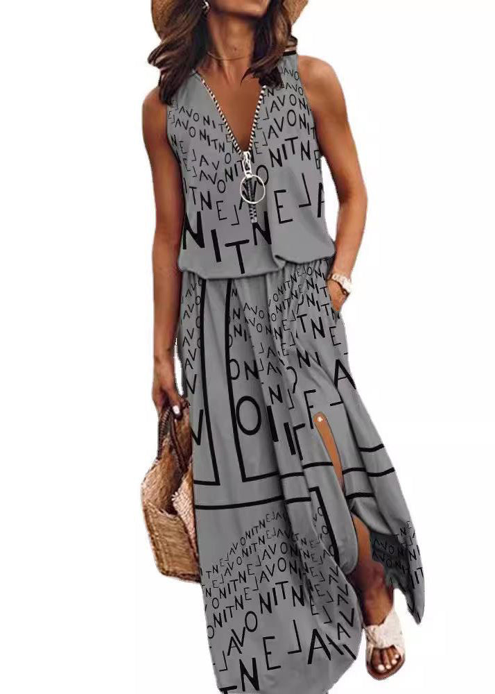 Loose Red Zip Up Patchwork Side Open Cotton Dress Sleeveless