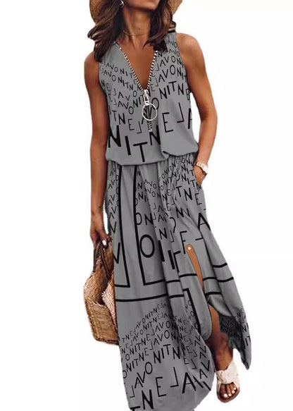 Loose Red Zip Up Patchwork Side Open Cotton Dress Sleeveless