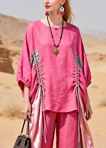 Loose Rose Asymmetrical Design Cinched Patchwork Linen Two Pieces Set Bracelet Sleeve