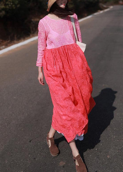 Loose Rose Embroidery Clothes O Neck Patchwork Kaftan Summer Dress - SooLinen