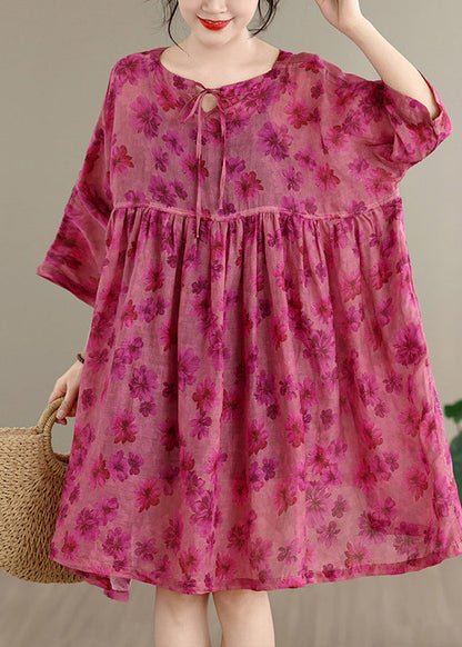 Loose Rose O Neck Print Patchwork Cotton Mid Dress Summer