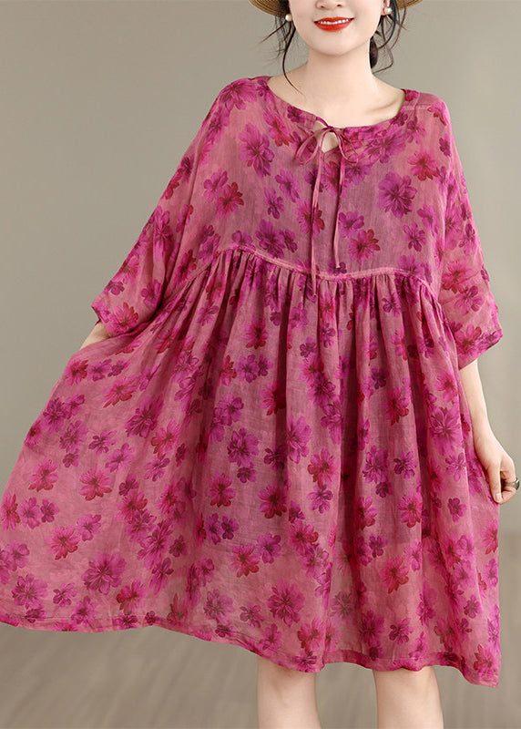 Loose Rose O Neck Print Patchwork Cotton Mid Dress Summer