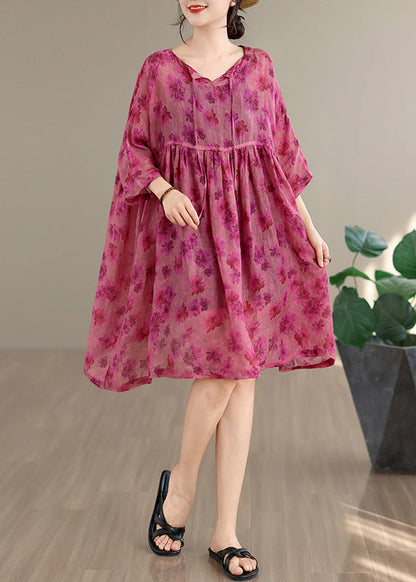 Loose Rose O Neck Print Patchwork Cotton Mid Dress Summer