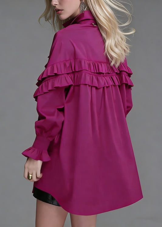 Loose Rose Ruffled Button Solid Cotton Blouse Lantern Sleeve