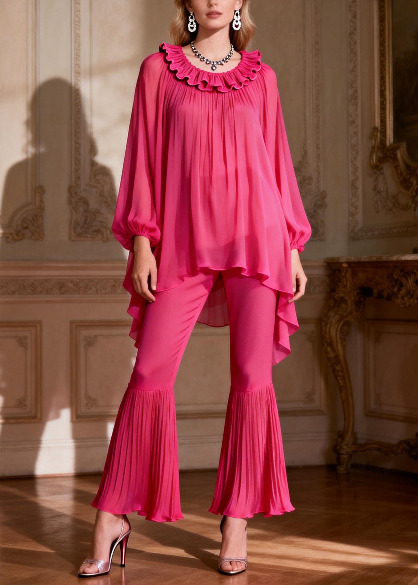 Loose Rose Ruffled Low High Design Chiffon Two Pieces Set Spring