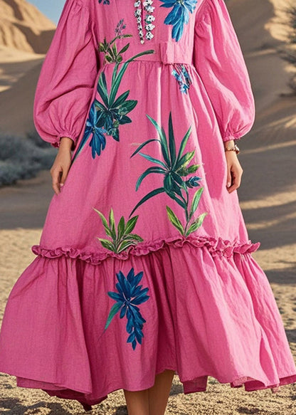 Loose Rose Ruffled Print Cotton Holiday Dress Spring