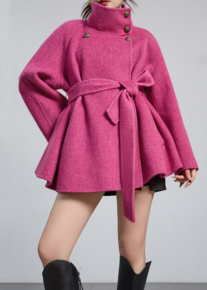 Loose Rose Stand Collar Button Tie Waist Wool Coats Winter