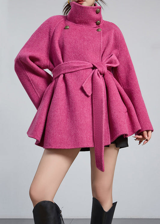 Loose Rose Stand Collar Button Tie Waist Wool Coats Winter
